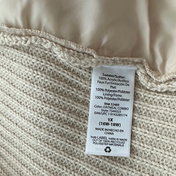 Terra & Sky Cream Faux Fur Sleeveless Open Front Vest sz 1X - Picture 9 of 9